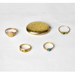 Four gold dress rings, comprising a signet ring, a ring set with small sapphire and diamonds,