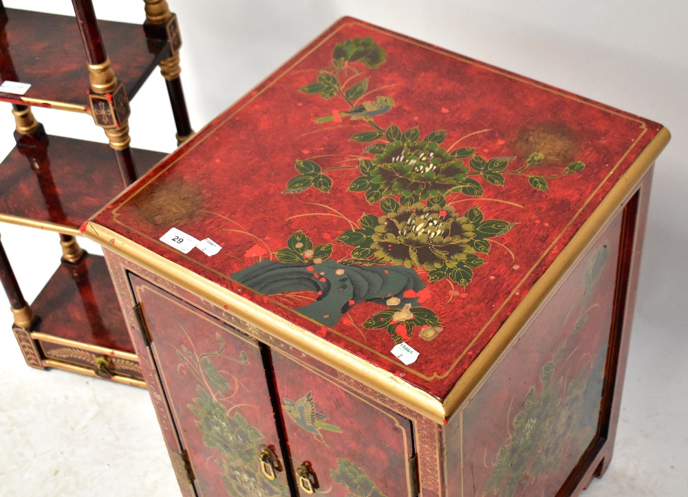 A Chinese lacquered cabinet painted with chrysanthemums and birds on a red ground, - Image 2 of 3