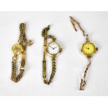 Two 9ct gold ladies' wristwatches, one with enamelled dial set with Roman numerals, stamped '375',