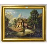 INDISTINCTLY SIGNED; a late 19th century oil on canvas, idyll of water mill river scene,