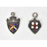 CRICKET INTEREST; two Edwardian silver and enamel cricket prize fobs awarded to F.