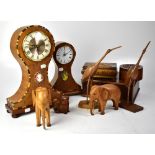 A quantity of various modern wooden boxes, treen ware, carved wooden animals, handmade clock,