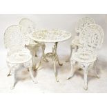A white painted aluminum garden set comprising a circular table and four chairs (5).
