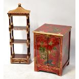 A Chinese lacquered cabinet painted with chrysanthemums and birds on a red ground,