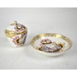 MEISSEN; a 19th century hand painted chocolate cup with cover, with rose finial and matching saucer,