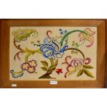 Two needlework embroidered panels of foliate scrollwork, one 50.5 x 39cm, the other 34.