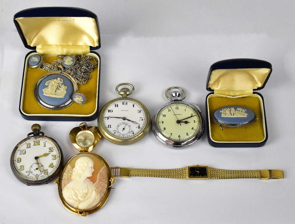 Three open faced pocket watches comprising a hallmarked silver example,