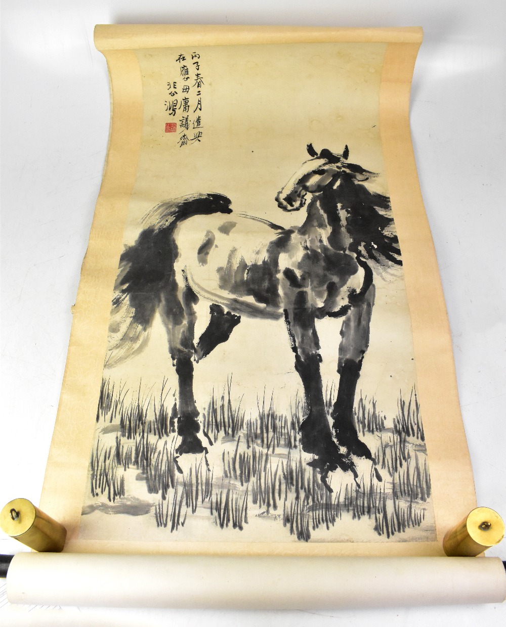 A contemporary Oriental scroll with ink wash study of one of the horses of Mu Wang,