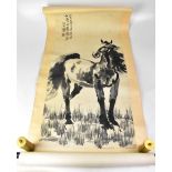 A contemporary Oriental scroll with ink wash study of one of the horses of Mu Wang,