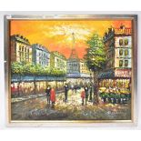 20TH CENTURY CONTINENTAL SCHOOL; oil on canvas, Parisian street scene at sunset,