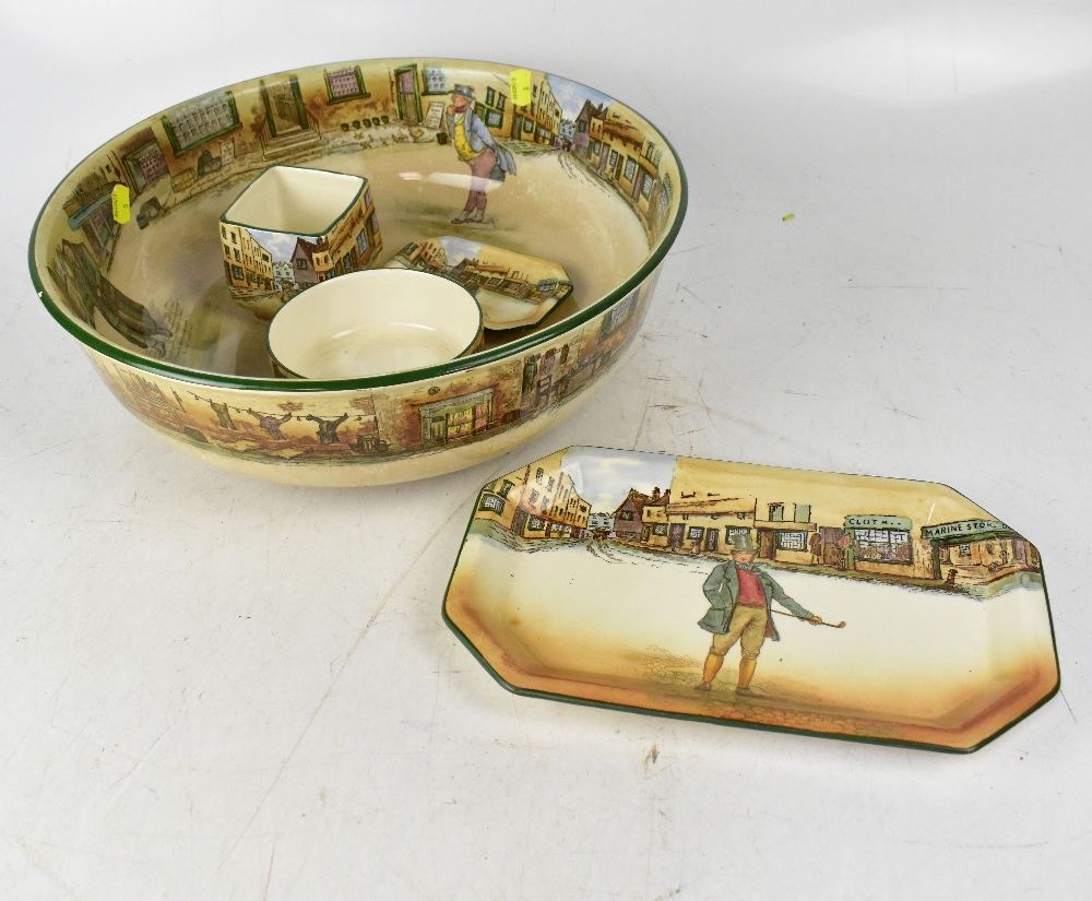ROYAL DOULTON; five Dickens ware items to include a large washbowl, diameter 39cm,