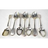 Six Victorian hallmarked silver Fiddle pattern teaspoons with finials initialled 'A',