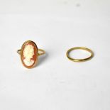 A 9ct yellow gold wedding band, size P, and a 9ct yellow gold cameo ring, size U, combined approx 4.