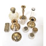 A small mixed lot of silver comprising a squat candlestick with matching capstan inkwell,