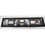 A framed montage comprising four black and white images interspersed by autograph album pages