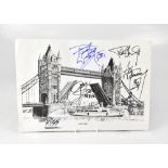 KISS; a black and white print of Tower Bridge bearing the band's signatures.