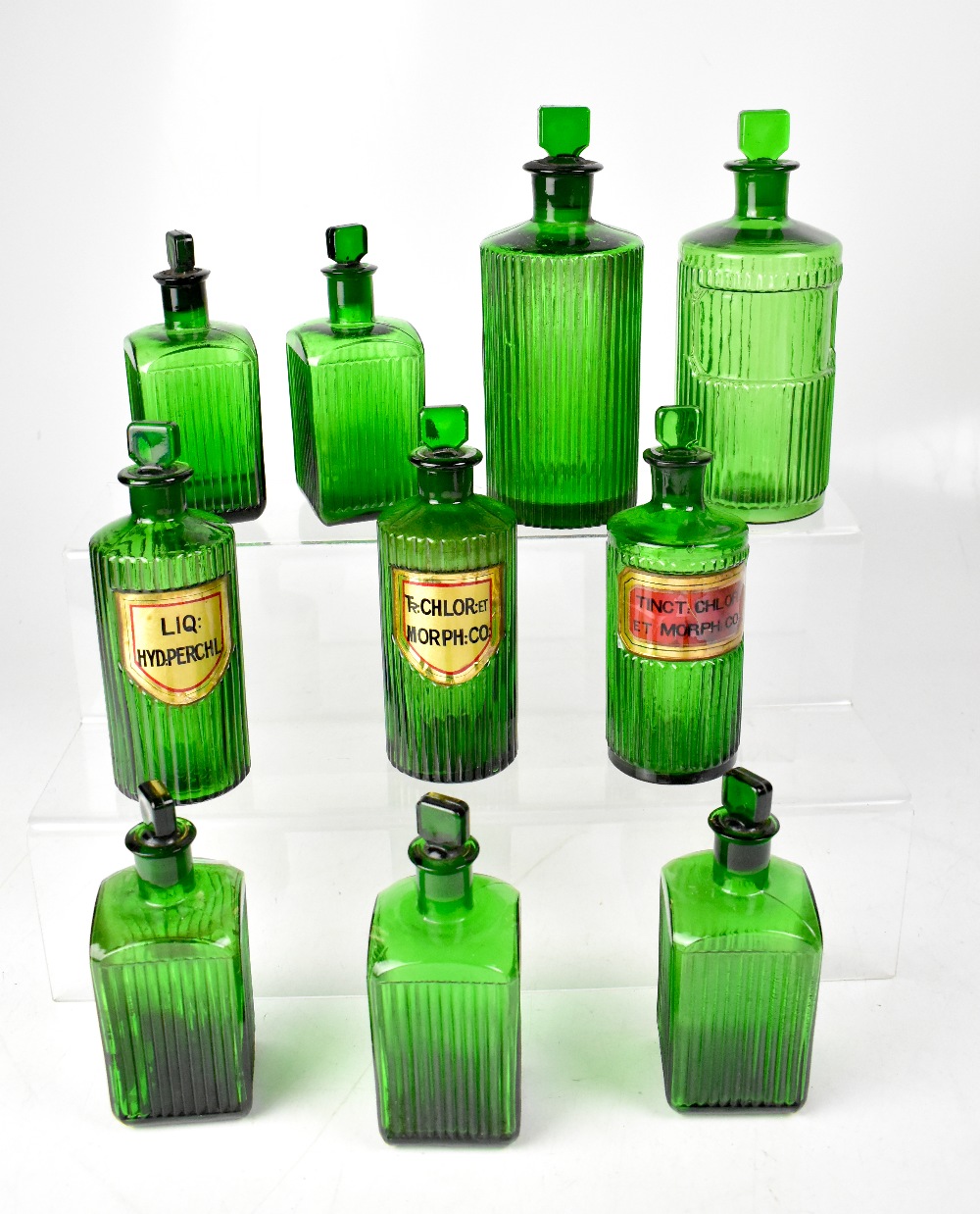 PHARMACEUTICAL INTEREST; ten early 20th century pharmaceutical green glass poison bottles,