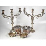 A pair of Victorian plated three-branch candelabra,