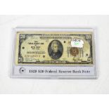 A United States of America 20 dollar Federal Reserve banknote issued by New York, no.B01448467A.