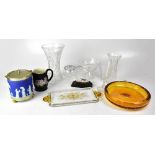 A small quantity of glass and ceramics, including an amber-coloured bubble glass shallow dish,