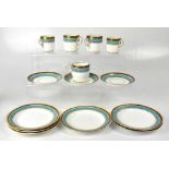 A turquoise and gilt decorated coffee set comprising sandwich plate, six side plates, six saucers,