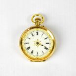 An 18ct gold fob watch, the enamelled dial set with Roman numerals,