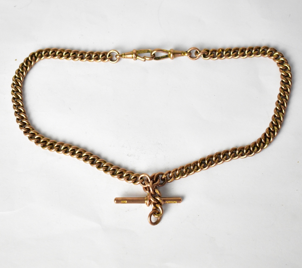 A 9ct rose gold fob chain with lobster claw clasp and T-bar, approx 54.6g.