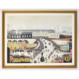 LAURENCE STEPHEN LOWRY RBA RA (1887-1976); a print 'Station Approach Manchester 1950', 54 x 76cm,