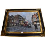 THOMAS H SHUTTLEWORTH; oil on canvas, busy street scene with trams and figures,