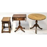 Three pieces of reproduction occasional furniture comprising a mahogany line inlaid sofa table of