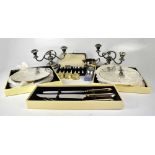 Various silver plated ware to include a pair of twin-branch candelabra,