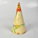 CLARICE CLIFF; a conical shaped sugar sifter in the 'Bonjour' orange trees and house pattern,