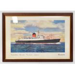 A colour lithograph image of a Cunard line titled 'Corinthia, Ivernia, Saxonia, 22,000 Tonnes',