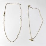 Two 9ct gold dainty necklaces, one a box link example with ring clasp, length approx 46cm,