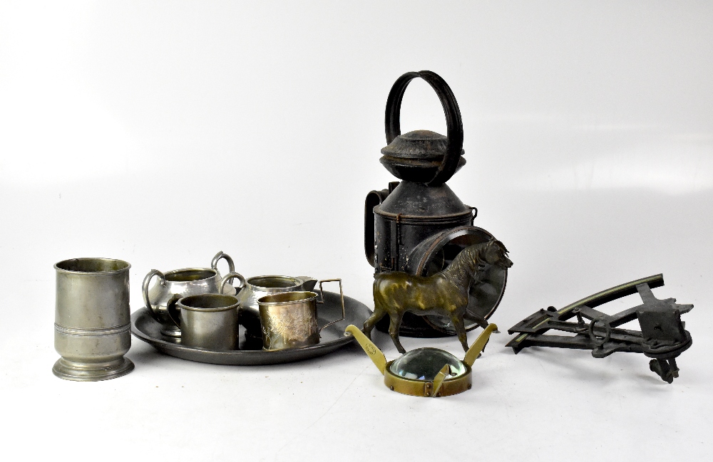 A small quantity of various metalware, to include a railway lantern, a bronze model of a stallion,