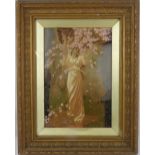 A Pre-Raphaelite style heightened print of a maiden in garden, under cherry blossoms, 24 x 16cm,