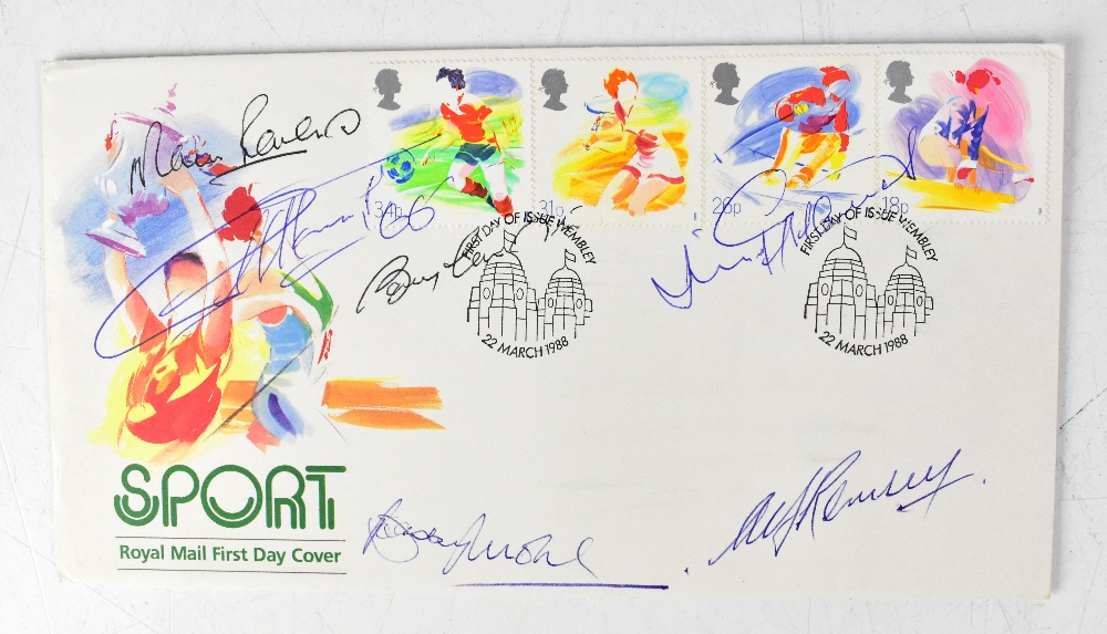 WORLD CUP 1966; a first day cover bearing the signatures of Martin Peters, Alf Ramsey, Bobby Moore,