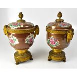 A pair of 19th century Chinese Famille Rose café-au-lait porcelain bowls and covers with gilt metal