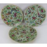 Three similar 19th century Canton Famille Rose plates, each with a celadon ground and enamel detail,