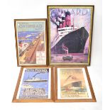Four reproduction travel posters for the White Star Line, Blue Funnel Line,