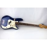 SQUIER BY FENDER; a P-Bass electric guitar with blue body, made in Indonesia, serial no.IC00075821.