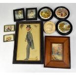 A group of reproduction decorative pot lids, a small pair of engravings, decorative pictures, etc.