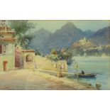 WILLIAM ALISTER MACDONALD (1861-1948); watercolour, a rowing boat moored by lakeside at church,