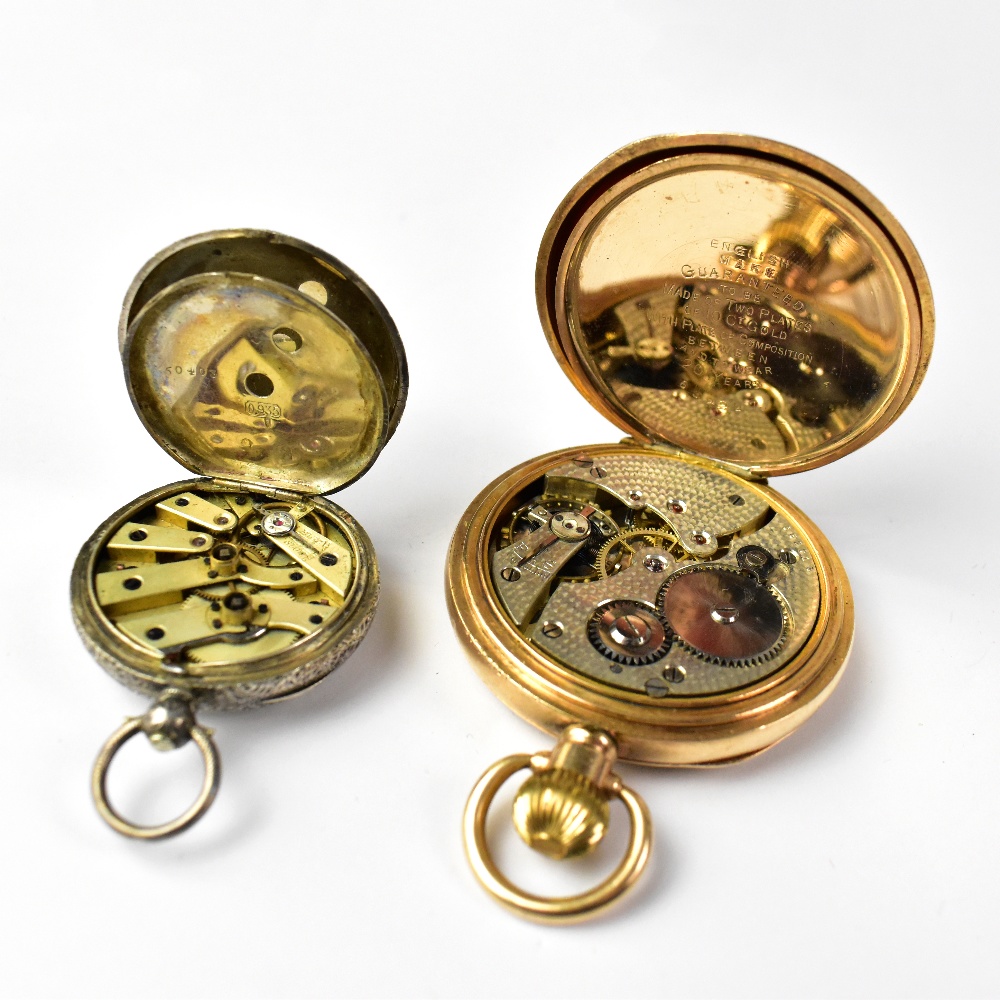 A gold plated open face pocket watch, the white dial set with Roman numerals and subsidiary dial, - Bild 2 aus 3