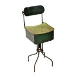 An industrial green painted metal swivel chair, with lift-up box seat, height 92cm.