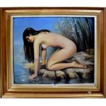 BERNARD WILLEMS (1922-2020); oil on canvas, nude young woman looking into a stream,