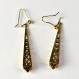 A pair of 9ct gold open triangular earring drops, with pierced love hearts and diagonal swirls,