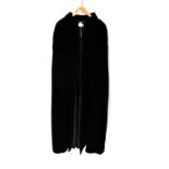 A black crushed velvet full-length cloak by Quad, with a toggle and rope clasp, length approx 140cm.