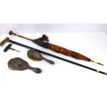 Various vintage collectibles to include a horn-handled walking stick embellished with silver cap