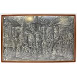 A large black and white print on fabric depicting a village scene with various figures,